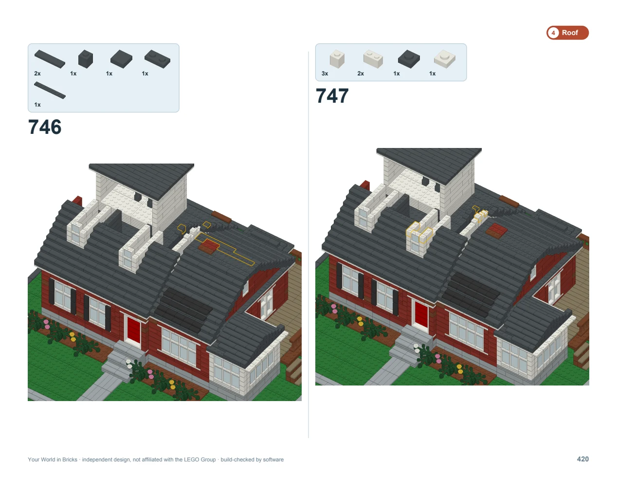 Instruction step 747: the roof going on, with the pieces to add shown above